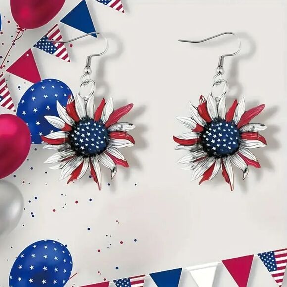 New - Red, White & Blue Sunflower Earrings - Picture 1 of 7